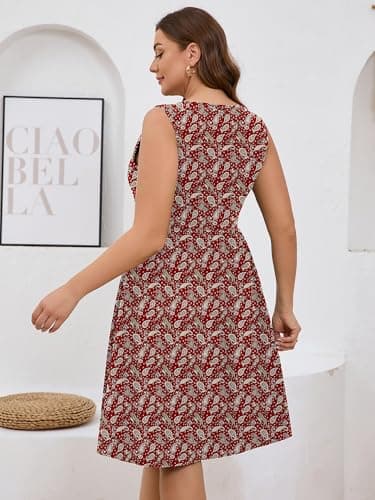 AusLook Plus Size Women Summer Dress Sleeveless V Neck Casual Cute Loose Sundress Red Paisley 5X Comfy Swing Button Down Midi Work Flowy Tunic Ladies Beach Vacation Teacher Dresses with Pockets - Thumbnail 2