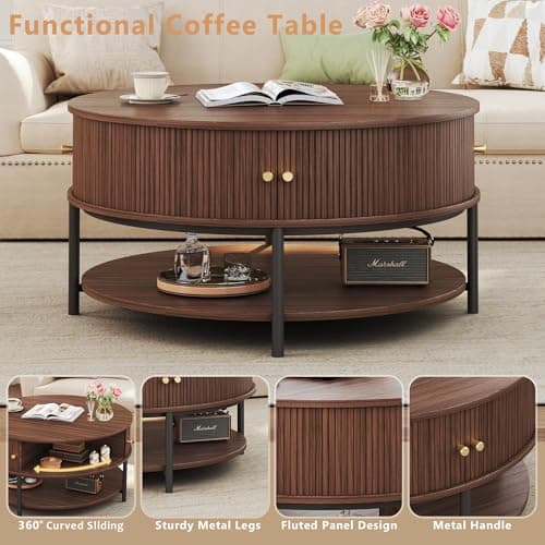 HUAHUU 31.5" Round Coffee Table with Storage, Mid Century Modern Coffee Table with Sliding Cabinet Door, Round Metal Legs, 3-Tier Small Round Coffee Tables for Living Room, Walnut - Thumbnail 4