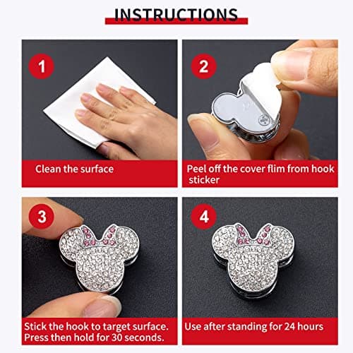 Pangpai Bling Car Hooks, Cute Rhinestones Car Organizer Interior Accessories, Car Dashboard Decorations Hook for Grocery Bags Umbrellas Handbag Purse (4 Pack) - Thumbnail 6