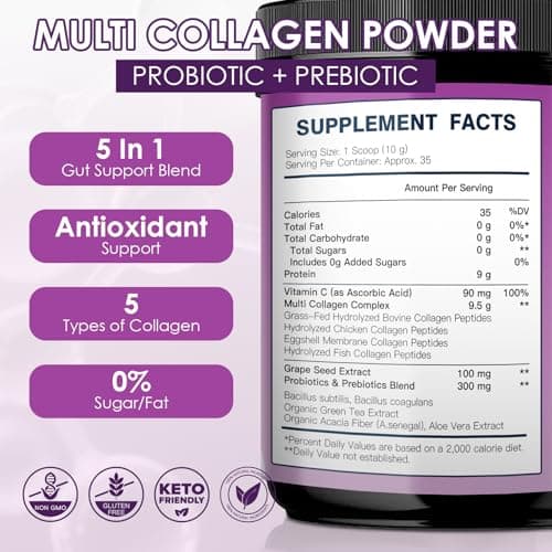 DRFOSTER Collagen Peptides Powder with Probiotics - Hydrolyzed Collagen Type I II III V X with Antioxidant Blend - Multi Collagen for Women Support Skin Hair Nail Joints & Gut, 35 Servings, Non-GMO - Thumbnail 2