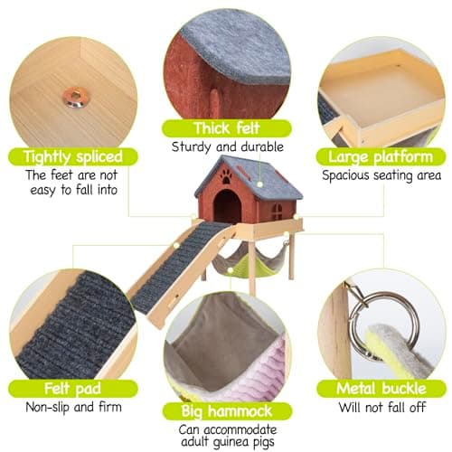 BESNEW 3 in 1 Enlarged Guinea Pig Hammock,Wooden Guinea Pig Hideout with House & Platform & Stairs Small Animal Toys for Hiding Sleeping Activities - Thumbnail 5