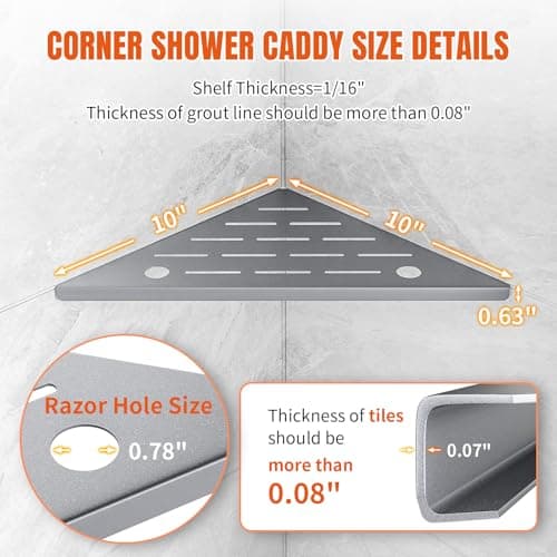 HBXS Corner Shower Shelves with Rozar Hole,Rustproof Stainless Steel Shower Caddy Organizer Modern Sturdy Corner Shelf for Shower,10" Large Capacity No-Drill Rack Storage Bathroom Accessories,Sliver - Thumbnail 2