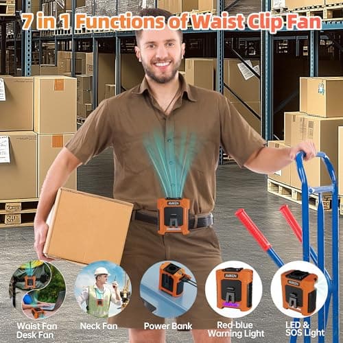 AMKEN Waist Fan, 10000mAh Rechargeable Belt Clip Fan, 59ft/s Airflow, 6-Speed 18500RPM Wearable Cooling with Bottom Air Intake, LED SOS Warning Light, Charge 2 Phones for Jobsite Camping - Thumbnail 2