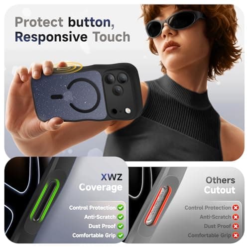 XWZ for iPhone 17 Pro Case for Women Girls,【Compatible with MagSafe】,【Camera Control】,【Full Camera Protection】, Cute Wave Magnetic Phone Case for iPhone 17 Pro,Black Shimme - Thumbnail 5