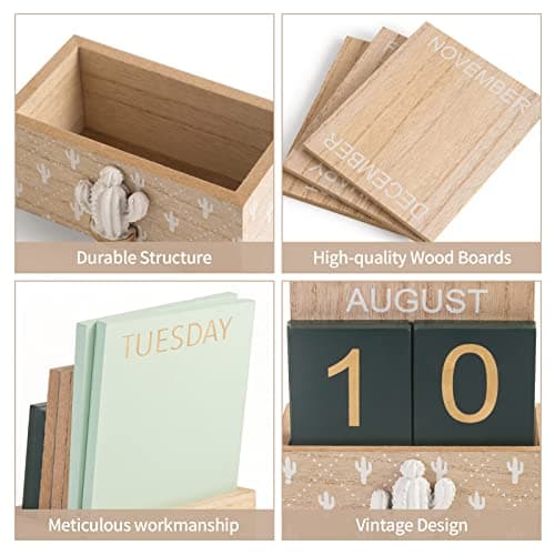 Perpetual Desk Calendar, Wooden Calendar Vintage Office Supplies Block Home Office Aesthetic Boho Desk Accessories Green Cactus Decor Gift - Thumbnail 5