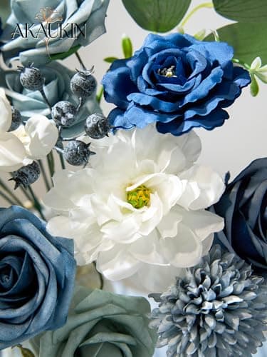 AKAUKIN Dusty Blue Artificial Flowers Box Set with Premium Silk Roses & Dahlia for Wedding Bridal Bouquets, Baby Shower, Birthday Party, Table Centerpieces, Home Decor & DIY Floral Arrangements - Thumbnail 5