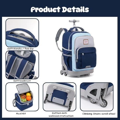 BAMIFEI 18 Inch Blue Rolling Backpack for Kids Climb Stairs Backpacks Kids Backpack Carry On Wheeled School Backpack, Spacious Multiple Compartments Reflective Strip Travel Backpack - Thumbnail 3