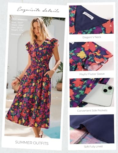 Women's Beach Dress, Casual Floral Summer Maxi Dresses, Short Sleeve Long Flowy Bohemian Vacation Sundress(Navy Blue,M) - Thumbnail 3