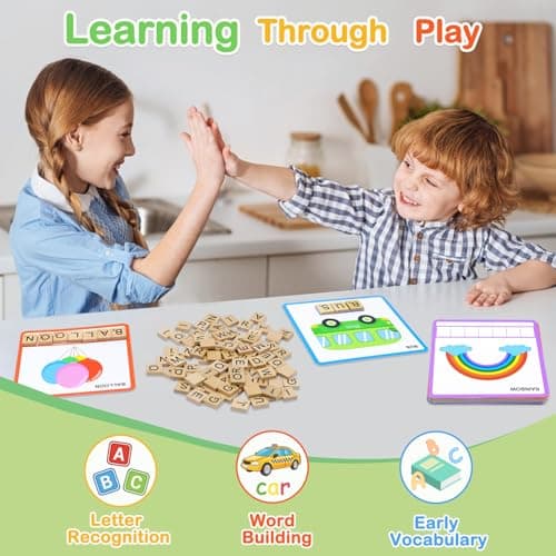 Humerry Spelling Game for Kids Ages 3-8, Word Building & Sight Word Games, Phonics Learning Toy with 100 Wooden Letter Tiles & 30 Double-Sided Flashcards, Preschool Kindergarten Early Reading Game - Thumbnail 3