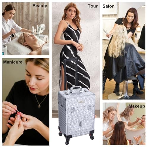 Rolling Makeup Case,Professional Cosmetology Case on Wheels,Large Cosmetic Organizer Train Case,Makeup Travel Case with Draws & Swivel wheels Nail Tech Salon Storage Traveling Cart Trunk,Silver - Thumbnail 3