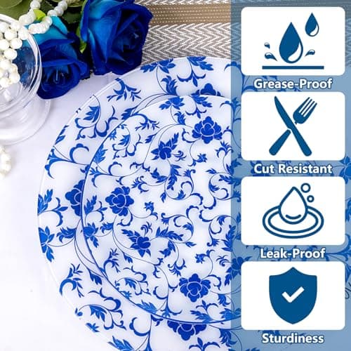 Joyido 60 PCS Blue Plastic Plates - Blue Floral Plates - Disposable Decorative Plate Sets Include 30 Dinner & 30 Dessert Plate for Wedding Birthday Party Spring Supplies - Thumbnail 3
