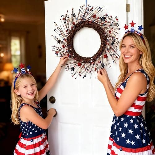 HipTree 16 Inch Patriotic Wreath for Front Door, 4th of July Wreath with Red White Blue Stars & Sprouts for Memorial Day, Independence Day,Veterans Day, Flag Day,Summer Decorations - Thumbnail 4