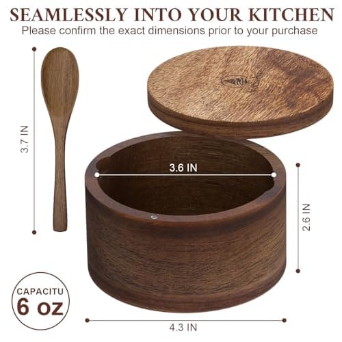 Set of 2 Acacia Wood Salt Container with Built-in Spoon, Elegant Salt Holder with Magnetic Swivel Lid, Each Salt Cellar Box Capacity 6OZ for Kitchen to Storage Pepper, Spice or Favorite Seasonings - Thumbnail 2