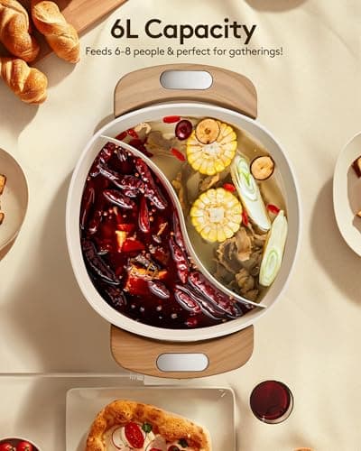 Hot Pot Electric Hot Pot with Divider, Large 6L Nonstick Dual-Sided Shabu Shabu Pot Dual-Flavor hotpot electric 1500W with Adjustable 5-Temperature Control ，Perfect for Family Dinners & Parties - Thumbnail 6