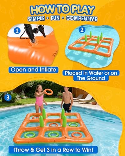 Pacifoo Pool Toys for Adults Kids - Giant 4.9FT Inflatable Tic Tac Toe Game Outdoor 2-in-1 Ring Toss, Floating Pool Party Games for Family Beach Backyard Ages 8+ (2-10 Players) - Thumbnail 2