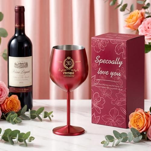 TJ 30th Birthday Gifts for Women Vintage Engraved Wine Glass - 30th Birthday Stainless Steel Wine Glass Birthday Decorations For Women, 30 Year Old Birthday Gifts for Sister Friends Wife Aunt, Red - Thumbnail 5