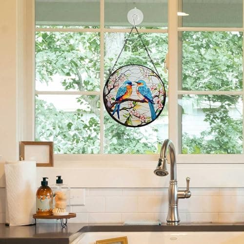 BYONIQUE Eastern Bluebird Stained Glass Suncatcher for Windows, 7.9-Inch Bird Decor with Cherry Blossoms, Bluebird Sun Catcher Gift for Bird Lovers, Symbol of Happiness and Good Luck - Thumbnail 2