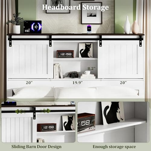 Uteeran Queen Size Bed Frame with Storage, Sliding Barn Door, Farmhouse Wood Platform Bed with Reading Light and Charging Station, Wood Slats Support, Easy Assembly, Noise-Free, Antique White - Thumbnail 3