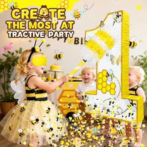 Bee Pinata - Yellow Number 1 Shape, 27 x 16 x 3 In - Honeycomb & Dasiy Accents for First Bee Day Party, Includes 24" Bat Stick, Eye Mask, Rope - Thumbnail 3