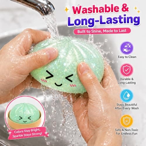 Glitter Green Dumpling Squishies, Shimmering Colorful Squishies Dumplings, Mystery Bao Bun Squishys with Steamer Box, Soft Squeeze Stretch Desk Toy for Stress Relief, Washable Fidget Sensory Tool - Thumbnail 3