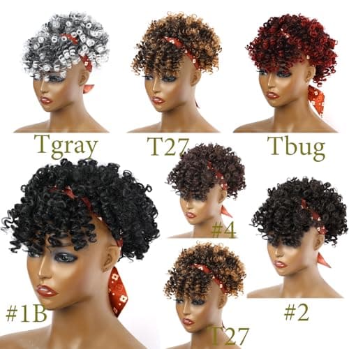Servintha Afro Puff Drawstring Ponytail Extension for Black Women Kinky Curly Drawstring Ponytail with Bangs Natural Black Short Pony Tail Hair Extension Synthetic Fake Hair Pieces 1B Color - Thumbnail 6