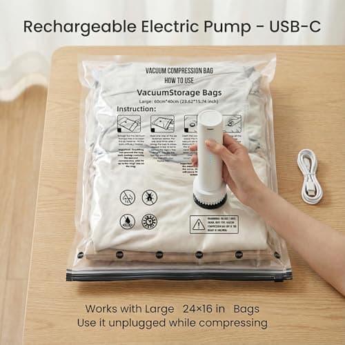 Yobobo Vacuum Seal Bags for Clothing: 80% Compression with Rechargeable Pump - Holds 6 Summer Clothes per Bag - 9 Pack Vacuum Seal Bags for Travel - 7-Day Business Family Trips - Thumbnail 4