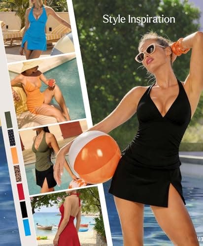 Popilush Tankini Swimsuits for Women Tummy Control Two Piece Shapewear Bathing Suits with Skirt Halter Ruched Swimwear Green - Thumbnail 6