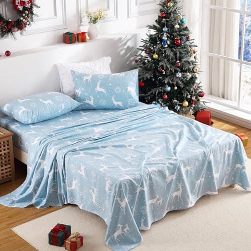 CAROMIO Christmas Bed Sheets King, Soft Brushed Microfiber Bed Sheet Set, 16 Inches Deep Pocket Fitted Sheet Winter Holiday Sheets Set (Blue, King) - Thumbnail 3