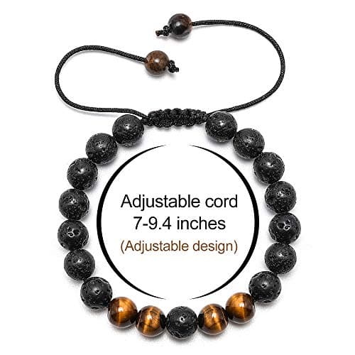 M MOOHAM Beaded Bracelets for Men - Gem Semi Precious Gemstone Round Bead Black Lava Rock Tiger Eye Adjustable Bracelet Men Gifts - Thumbnail 3