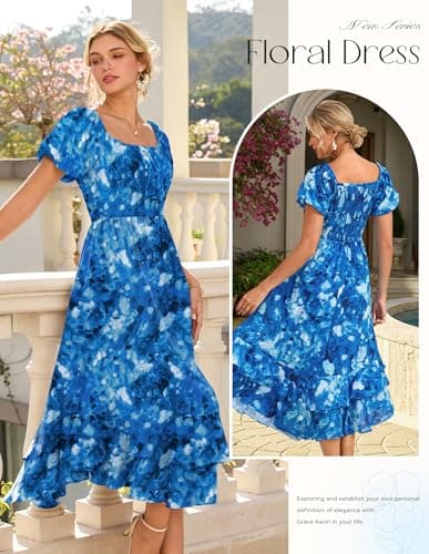 GRACE KARIN Womens Summer Floral Maxi Dress 2026 Flowy Wedding Guest Dress A Line Boho Dresses Fashion Clothing with Pockets Blue Floral M - Thumbnail 2