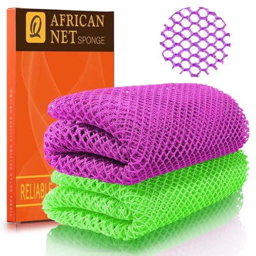 UJFQBH African Net Sponge 2-Pieces, Authentic Exfoliating Body Scrubber for Shower & Bath, Deep Cleansing Lather for Dead Skin Removal, Back Scrubber for Women & Men (Green & Purple) - Image 1