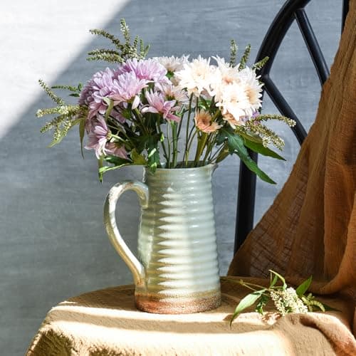 Quoowiit Ceramic Rustic Vase with Handle, Green Distressed Decorative Farmhouse Pitcher Vase for Home Decor Living Room Bedroom Kitchen Office Shelf Decor Centerpiece Table Decoration - Thumbnail 6