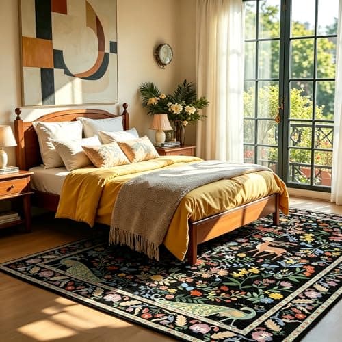 5x7 Black Washable Rug for Living Room - Foyer Rugs for Entryway, Bedroom, Home Office, Floral Indoor Décor - Thumbnail 4
