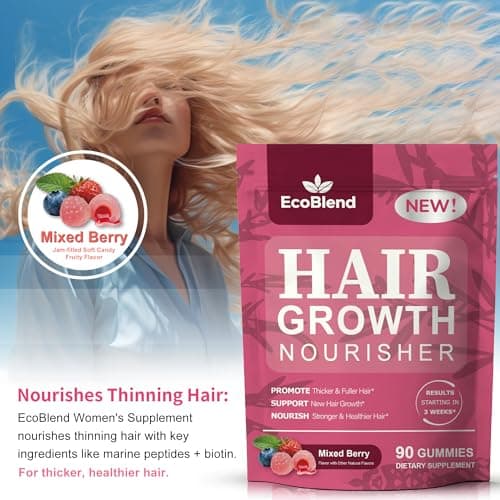 EcoBlend Hair Growth Gummies Women Vitamins—excellerator Nourish Hair and Nail Promote Fuller Locks with a Natural, Gentle Formula—Filled Gummies—Mixed Berry Flavor—90 Count (45-Day Supply) - Thumbnail 3