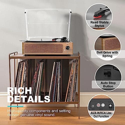 Retro Record Player for Vinyl with Speakers Vintage Turntable Vinyls Records Belt-Driven Turntables 3-Speed 3 Size 33 1/3 45 78 RPM Wireless Playback Headphone AUX RCA Line LP Vinyl Players Wood Grain - Thumbnail 3