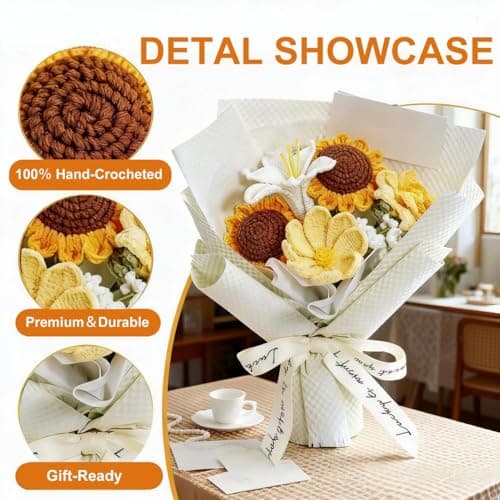 FLOLVISOU Crochet Flower Bouquet Handmade Artificial Flowers with Card - Thumbnail 2