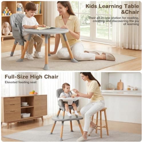 Ezebaby 8-in-1 Baby High Chair, Convertible High Chair for Babies and Toddlers/Booster Seat/Toddler Chair/Table & Chair Set/Kids Stool, Wood Highchair with Removable Tray, Seatbelt, PU Cushion (Gray) - Thumbnail 2