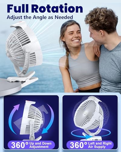 Tenvolti 10000mAh Clip on Fan, 8-Inch Golf Cart Fan Rechargeable with LED Light, 9 Speeds Strong Airflow, Ultra Quiet, 30Hrs Runtime, 360° Rotation, Cooling for Bed Camping Office Desk Dorm, White - Thumbnail 6