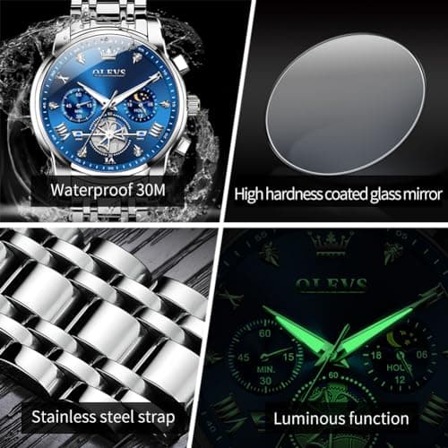 OLEVS Watch Men Luxury Blue Big Face Silver Stainless Steel Dress Wrist Moon Phase Chronograph Waterproof Watches for Men Analog Quartz Cheap Luminous Mens Watches Relojes para Hombres - Thumbnail 5