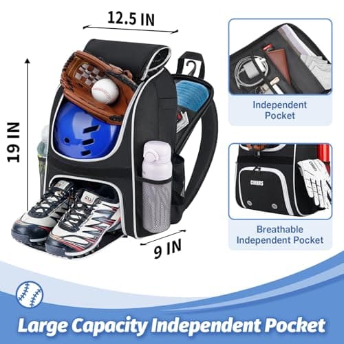 Ciihars Youth Baseball Bag - Baseball Backpack Bat & Glove Holder, T-Ball & Softball Equipment & Gear,Large Main Compartment for Helmet & accessories, Fence Hook，Insulation Pocket (black) - Thumbnail 3
