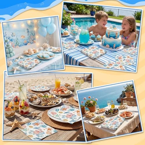 NatNarr 50 Pcs Seashell Napkins 6.5 Inch Vintage Coastal Beach Paper Napkins Blue Seahorse Starfish Conch Ocean Nautical Beverage Party Napkin for Summer Pool Coastal Wedding Decoupage, 2-Ply - Thumbnail 6
