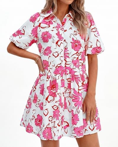PRETTYGARDEN Womens Summer Dresses 2026 Casual Puff Sleeve Button Down Mini Shirt Dress Boho Floral Babydoll Sun Dress(Pink,Medium) - Thumbnail 3