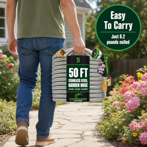 50 FT Garden Hose Stainless Steel Heavy Duty with Spray Nozzle, Lightweight and No-Kink Flexible Water Hose 50 FT with 3/4" Solid Brass Fittings, Metal Waterhose for Outside 50FT, Manguera Para Jardin - Thumbnail 3