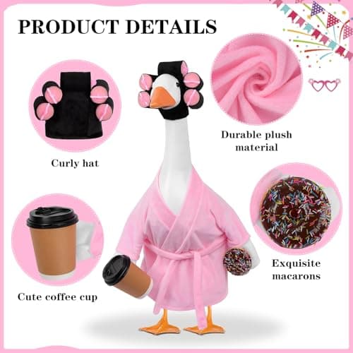 yuboo 23 Inch Pink Lady Porch Goose Outfits, Bathrobe Porch Goose Statue Costume with Cute Curlers and Coffee Cup, Funny Summer Lawn Yard Garden Patio Decor, Cute Goose Clothes Cement - Thumbnail 2