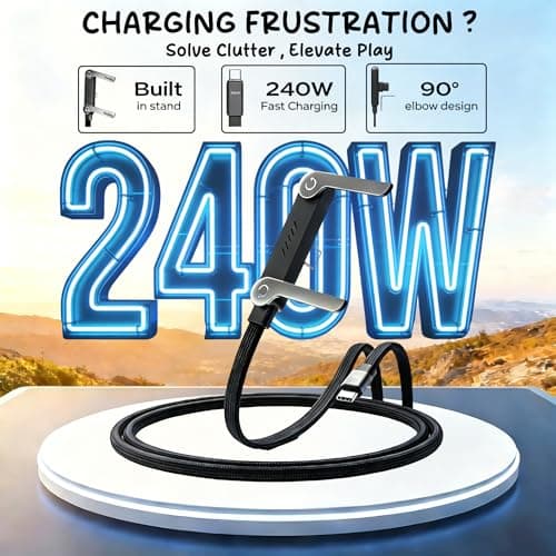 ENSFTF 240W Braided Fast Charge Cable, 90° Right Angle Type-C to Type-C Cord, Durable Foldable Charger Cable for Data Sync - 2-in-1 with Built-in Adjustable Phone Stand - Thumbnail 2