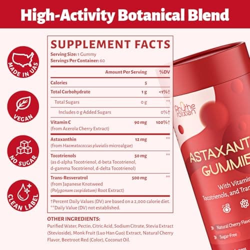 Astaxanthin Gummies – Astaxanthin Supplements with 12mg Per Gummy 24mg Max, Sugar Free Vegan Antioxidant with Vitamin C, Resveratrol & Tocotrienols – Supports Skin, Eye & Immune Health – 60 Count - Thumbnail 2