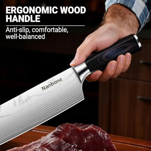 Nanbone Nakiri Knife 7 Inch Sharp Meat Cleaver and Vegetable Kitchen Knife Damascus Asian Chef Knife for Home and Kitchen with Ergonomic Handle High Carbon Stainless Steel knife Chef Cooking Gift - Thumbnail 5