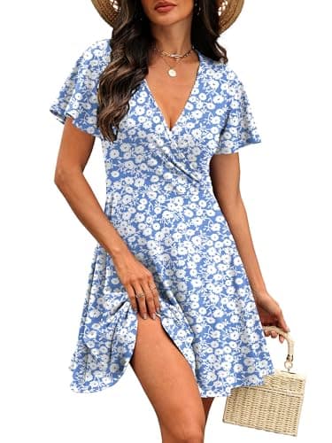 RUMIA Womens Summer Dresses 2026 Wrap V Neck A-line Casual Sundresses Holiday Party Cocktail Dress Floral Blue M - Thumbnail 2