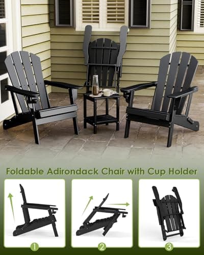 GREENVINES Folding-Adirondack-Chairs-Set-of-2 | w/Cup Holder | HDPE Plastic | All-Weather Patio Fire Pit Chairs | for Outdoor Poolside Deck | Black - Thumbnail 6