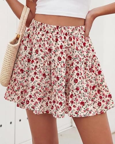BTFBM Summer Skirts for Women 2026 Floral High Waist Shorts Underneath Boho Tiered Flowy Tennis Skorts Casual Mini Skirt(Floral Apricot Red, Small) - Thumbnail 2